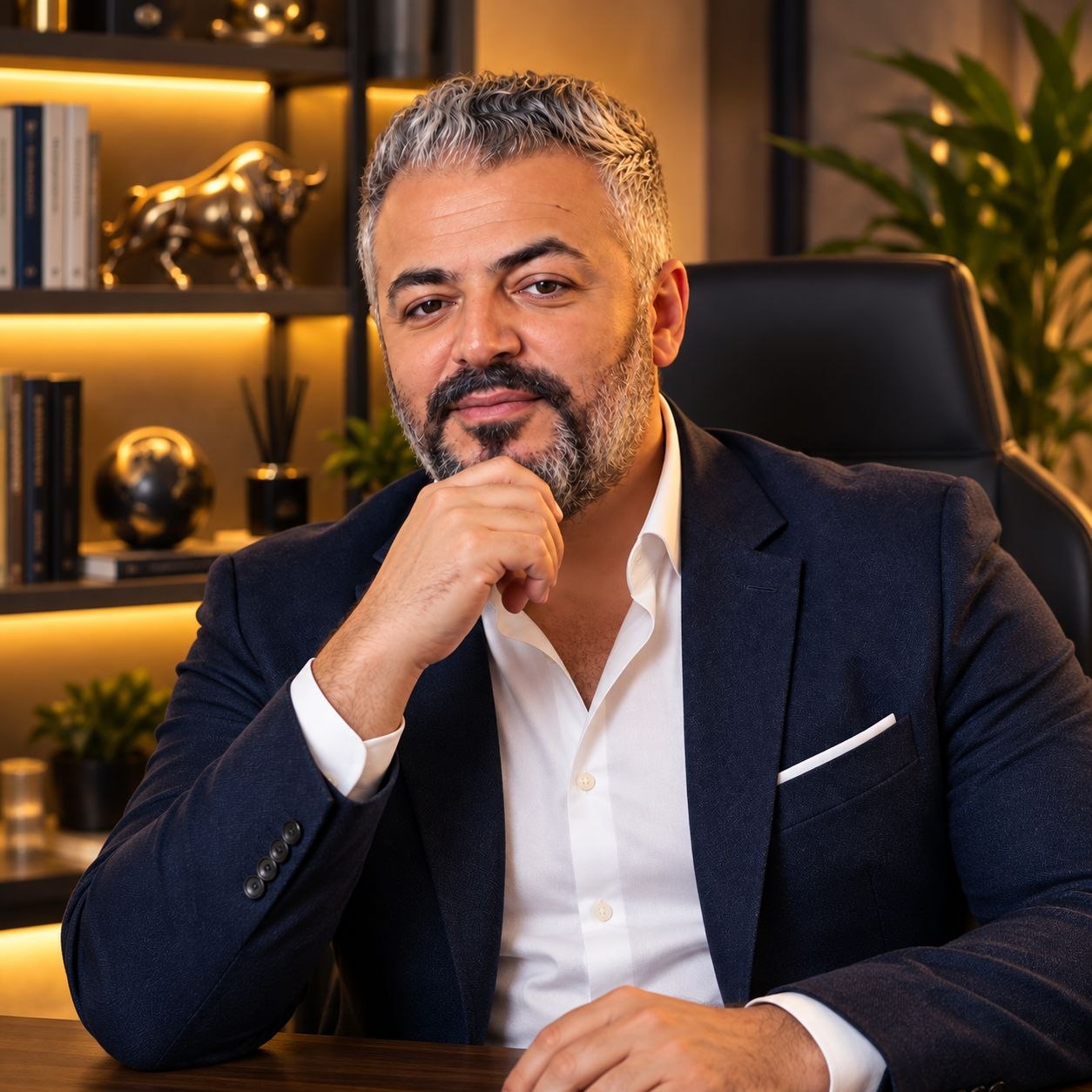 Cihan Soykan, ofisinde masasında otururken