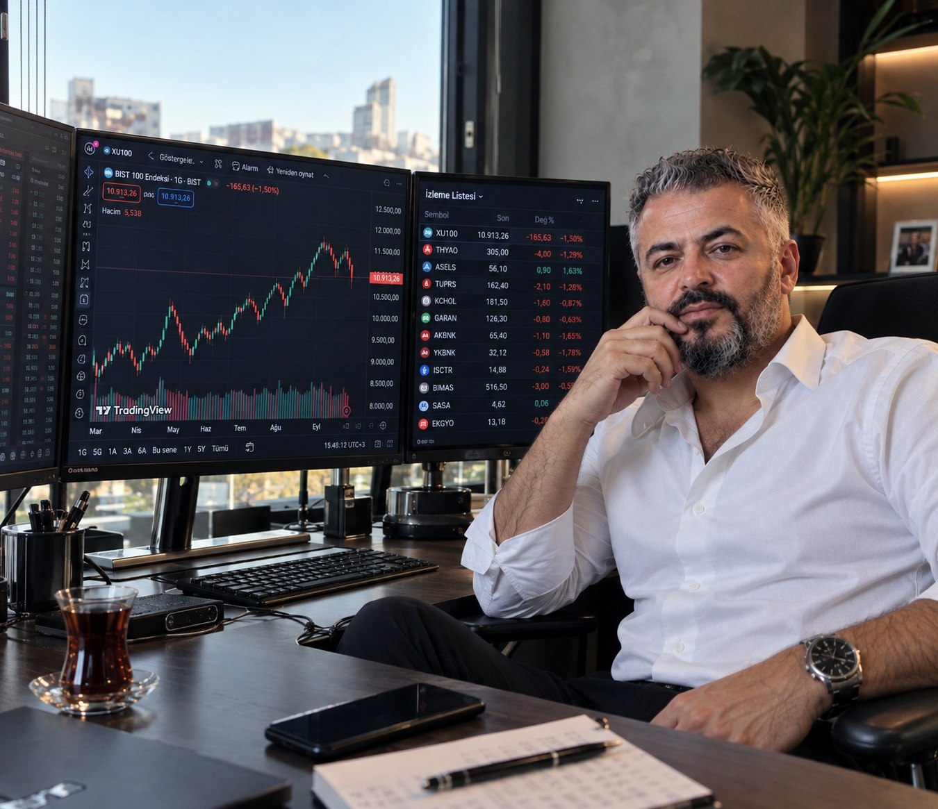 Cihan Soykan ofisinde BIST ekranlarının önünde